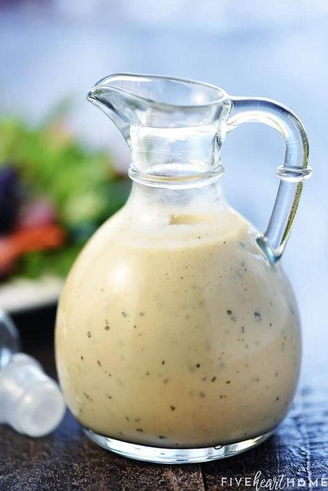 Homemade Creamy Italian Dressing ~ zesty, flavorful, and easy to make...a delicious topping for a crisp green salad or your favorite pasta salad! | FiveHeartHome.com Authentic Italian Dressing, Creamy Italian Dressing Recipe, Homemade Creamy Italian Dressing, Favorite Pasta Salad, Italian Dressing Recipe, Creamy Italian Dressing, Italian Dressing Recipes, Healthy Italian Recipes, Homemade Italian Dressing