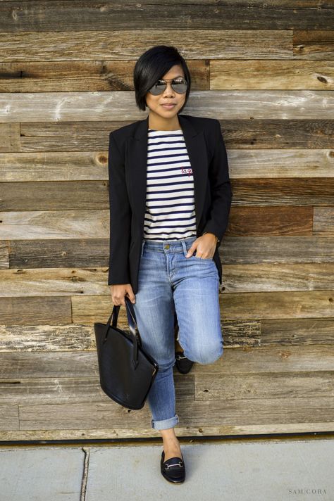 Everyday Basics | All the classics mixed into one outfit: black blazer, striped tee, light washed jeans, black loafers and handbag   See details and links to these items at www.samcora.com Black Loafer Blue Jeans, Relaxed Black Blazer Outfit, Black And White Striped Tee Outfit, Loafers And Jeans Women Outfit Ideas, Black Linen Blazer Outfit Women, Loafers And Jeans Outfit, Black And White Striped Shirt Outfit, Black Blazer Outfit Work, Black Blazer Outfit Casual