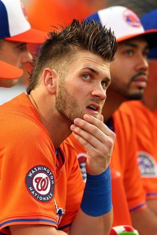 I'm weirdly attracted to him...Bryce Harper - Washington Nationals Kris Bryant Haircut, Bryce Harper Haircut, Bryce Harper Hair, Baseball Haircuts, Basketball Compression Pants, Mohawk For Men, Mohawk Haircut, Mohawk Hairstyles Men, Mullet Haircut