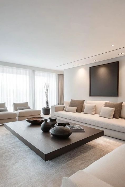 "Elevate your space with the charm of a Modern Minimalist Living Room! 🛋️🌿 Perfect for creating a calm and stylish atmosphere. 🌟✨ #MinimalistStyle #LivingRoomIdeas #ModernDecorInspo" Livingrooms Design Ideas Minimalist, White Minimalist House Interiors, Modern House Decor Living Room, Neutral Living Room Modern, Minimal Home Aesthetic, White Wall Living Room, Modern Interior Aesthetic, Living Rooms Minimalist, Modern Wood Living Room