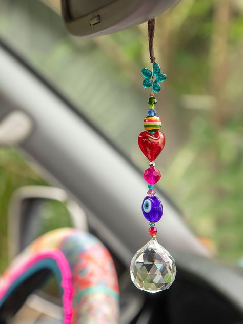 Beaded Car Charms, Rainbow Prism, Car Hangers, Crochet Car, Beaded Heart, Car Charms Mirror, Mirror Hangers, Rear View Mirror Charm, Car Gifts