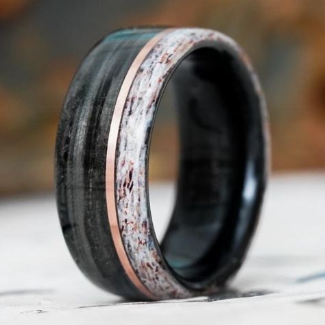 Rings - Weathered Whiskey Barrel Wood Wedding Ring With Elk Antler Edge And Offset Gold Inlay Hunting Wedding Rings, Wooden Wedding Bands, Whiskey Brands, Wood Wedding Ring, Elk Antler, Barrel Rings, Elk Antlers, Whiskey Barrel, Wooden Wedding