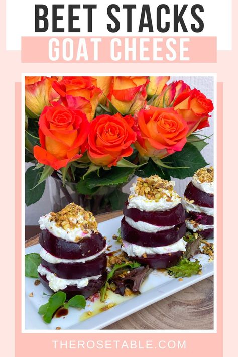 Delicious Goat Cheese Beet Stacks with whipped goat cheese and finely chopped pistachios. EASY recipe. Goat Cheese Beets, Beet And Goat Cheese Appetizer, Beetroot And Goats Cheese, Beets And Goat Cheese, Goat Cheese Appetizer, Beet And Goat Cheese, Dinner Party Dishes, Whipped Goat Cheese, Pistachio Butter