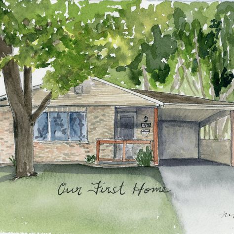 This home had most of the front shrubs 'trimmed' down so we could see the bricks better. Watercolor House Painting, Watercolor House, Watercolor House Portrait, Custom House Portrait, House Portrait, First Home Gifts, Realtor Closing Gifts, Custom House, House Portraits