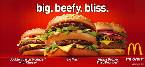 This commercial advertisement for McDonald's is a great example of the design principle of repetition of form. Not only does it display three delicious burgers, but it also makes a great use of alliteration and is an overall appealing ad to the consumer due to it's color scheme and nature of subject. Giant Hamburger, Fast Food Advertising, Food Fails, Food Advertising, Food Ads, Fast Food Restaurant, Big Mac, Fake Food, Vintage Recipes