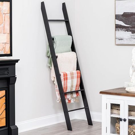 Blanket Ladder for Living Room and Bedroom, 6-Tier Wall Leaning Laminate Snag Free Construction (Black) Rustic Decorative Farmhouse Blanket Storage, Quilt Rack, Ladder Shelf, Easy Assembly Display Blankets, Organize Towels, Farmhouse Blanket, Farmhouse Blankets, Quilt Rack, Painted Ladder, Wall Shelves & Ledges, Blanket Ladder, Cat Bed Furniture