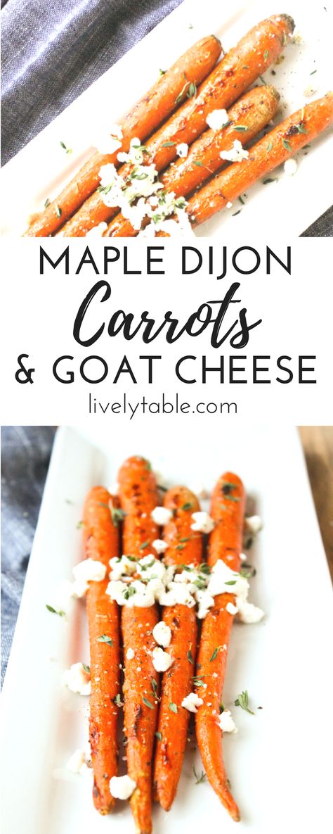 Maple dijon roasted carrots with goat cheese and thyme are full of flavor for a healthy and delicious side dish! (vegetarian, gluten-free) Maple Mustard Carrots With Whipped Goat Cheese, Dijon Carrots, Roasted Carrots With Goat Cheese, Carrots With Goat Cheese, Maple Dijon Roasted Carrots, Dinners Vegetarian, Keto Veggie Recipes, Healthy Vegetable Recipes, Easter Food