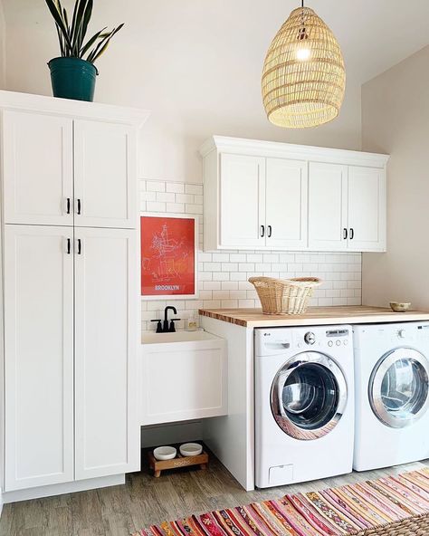 Cabinet Next To Washer And Dryer, Butcher Block In Laundry Room, Laundry Room Front Loaders Countertops, Laundry Room With Butcher Block Counter, Laundry Room Butcher Block Counter, Top Loader Laundry Room, Mud Room Laundry Room Combo, Cottage Laundry, Small Finished Basements