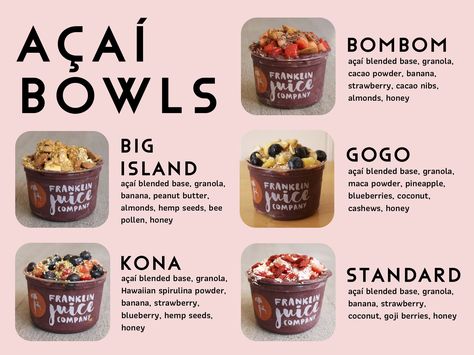 Acai Bar Ideas, Healthy Cafe Menu Ideas, Acai Cafe Design, Acai Bar Design, Acai Bowl Branding, Acai Bowl Menu Design, Acai Bowl Shop Design, Smoothie Bowl Business, Acai Business