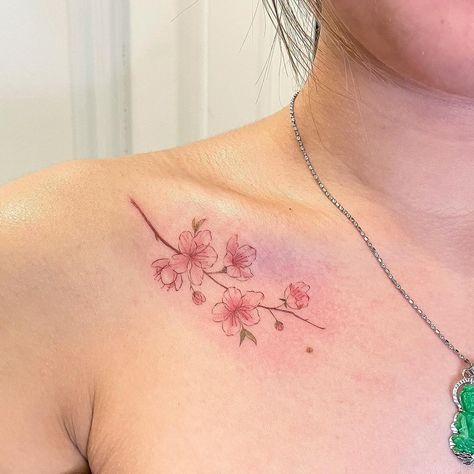 Cherry blossoms on the collarbone 🌸 from my flash! Thanks @ericathai 💜 for letting me bring this to life 😍 | Instagram Toronto Tattoo, Cherry Blossom Tattoo, Blossom Tattoo, Color Tattoo, Cherry Blossoms, Cherry Blossom, Bones, Toronto, Blossom