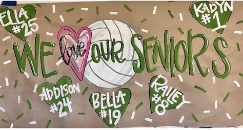 Senior Night Banner Ideas, Volleyball Support Posters, Senior Day Posters Volleyball, Dance Team Poster Ideas, Senior Sports Board Ideas, Class Competition Ideas, Posters For Volleyball, Volleyball Bulletin Board Ideas, Volleyball Senior Poster Ideas