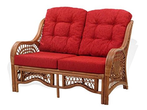 Malibu Lounge Loveseat Sofa Natural Rattan Wicker Handmade Design with Red Cushions, Colonial Cream Cushions, Burgundy Fabric, Modern Loveseat, Red Cushions, Selling Furniture, Rattan Furniture, Loveseat Sofa, Wicker Furniture, Indoor Furniture