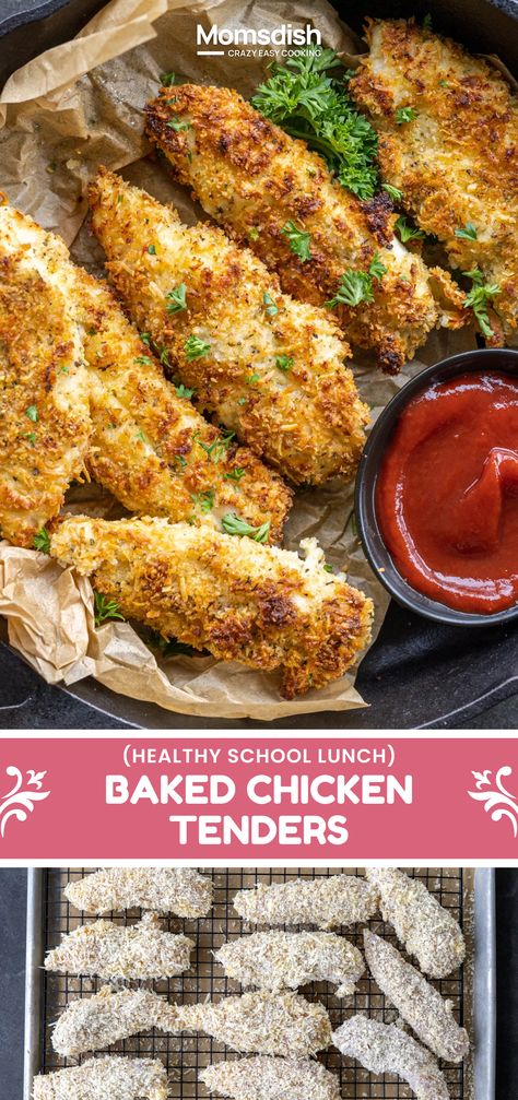 These chicken tenders are made by dipping chicken in a garlic-flour, egg, and parmesan-panko mixture, then baking to crispy, golden perfection. Panko Chicken Tenders, Easy Summer Meal, Oven Baked Chicken Tenders, Baked Breaded Chicken, Panko Chicken, Breaded Chicken Tenders, Chicken Tenderloin Recipes, Crispy Chicken Tenders, Baked Chicken Tenders