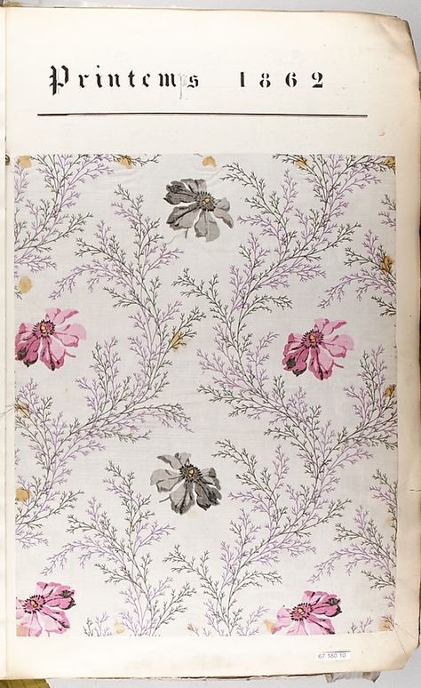 French textile, Spring 1862. Textile Sample Book, MET Buch Design, Pastel Decor, Antique Fabrics, Invitation Inspiration, Print Inspiration, Old Book, Vintage Textiles, Textile Patterns, Textile Prints