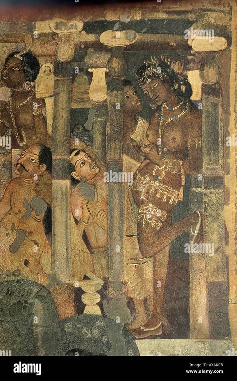 Download this stock image: Frescoes at Ajanta caves Aurangabad Maharashtra India - AXAK0B from Alamy's library of millions of high resolution stock photos, illustrations and vectors. Ajanta Paintings, Indian Mural, Bharatanatyam Poses, Cave Photos, Ajanta Caves, Ancient Indian Art, Cave Painting, Ancient Drawings, Ancient Paintings