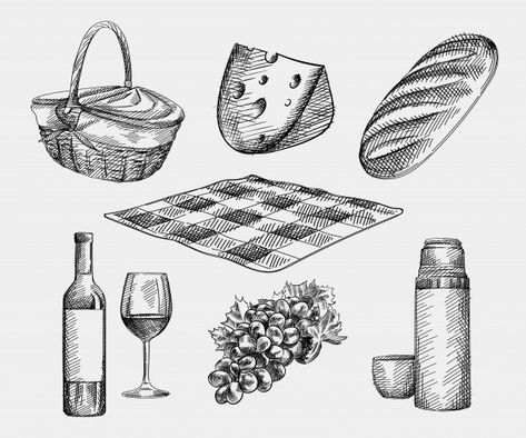 Cheese Loaf Bread, Cheese Loaf, Checkered Blanket, Picnic Set, Glass Of Wine, Vector Hand, Loaf Bread, 그림 그리기, Art Sketches