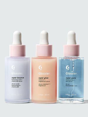 Skin Care Products Glossier, Aesthetic Beauty Products, Glossier Super Bounce, Skincare Glossier, Essential Beauty Products, Glossier Products, Glossier Skincare, B5 Serum, Skin Care Routine For Teens