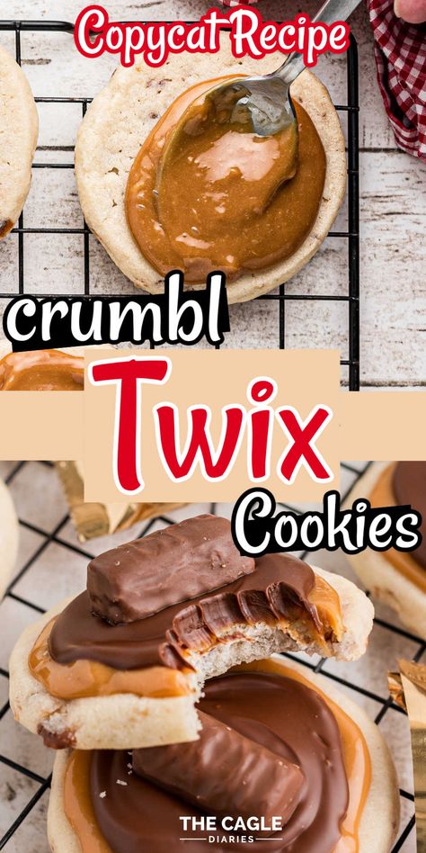 Crumbl Cookie Twix Copycat, Copycat Twix Crumbl Cookies, Twix Stuffed Cookies, Twix Crumble Cookie Copycat Recipe, Crumbl Twix Cookie Recipe, Twix Recipe Desserts, Twix Cookies Recipe, Copycat Crumbl Cookie Recipe, Homemade Crumbl Cookies