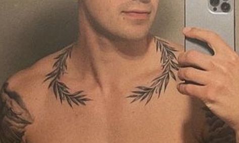 Laurel Tattoo Men Neck, Men Leaf Tattoo, Around Neck Tattoo Men, Laurel Wreath Neck Tattoo, Greek Laurel Wreath Tattoo, Wreath Tattoo Neck, Greek Leaves Tattoo Neck, Laurel Wreath Tattoo Chest, Mens Collar Bone Tattoo