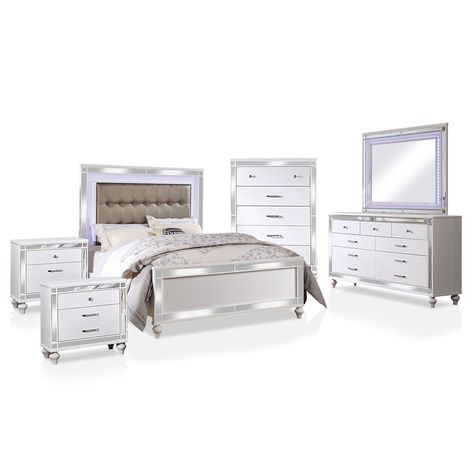 Celebrate modern glamour with the clean white finish and mirror trim that highlight this six-piece complete bedroom set. Faux Leather Headboard, Contemporary Style Bedroom, California King Bedroom Sets, Contemporary Bedroom Sets, Mirror Tile, Wood Bedroom Sets, Eastern King Bed, Light Trim, Leather Headboard