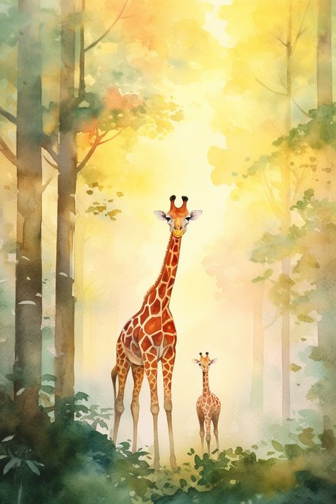 Forest With Animals Painting, Acrylic Giraffe Painting, Safari Painting Canvases, Girrafe Painting Easy, Forest Drawing With Animals, Colorful Giraffe Painting, Fauna Painting, Giraffe Aesthetic, Watercolour Giraffe