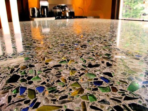 counter tops and flooring made of sea glass in concrete! Making Concrete Countertops, Poured Concrete Patio, Recycled Glass Countertops, Kitchen Countertop Materials, Glass Countertops, Concrete Contractor, Concrete Counter, Concrete Floor, Concrete Design