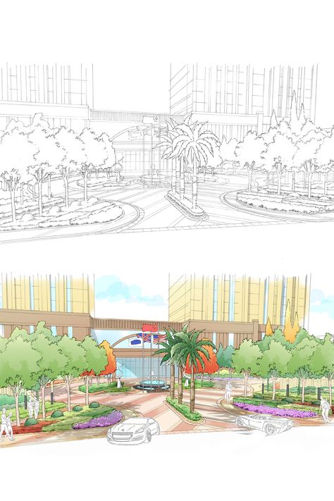 Perspective view of hotel main entrance plaza for vehicle turning. Entrance Plaza Landscape Design, Entrance Plaza Design, Entrance Plaza, Mall Entrance, Plaza Design, Perspective View, Center Park, School Entrance, Architectural Sketches