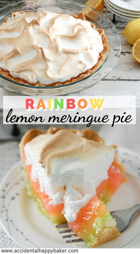 Fun and fruity!  Rainbow Lemon Meringue pie has the fresh sweet citrus flavor of classic lemon meringue with a colorful rainbow surprise hiding inside. #lemonmeringuepie #rainbowdessert #lemon #rainbow #accidentalhappybaker Loafs Recipes, Rainbow Pie, Recipe Desert, Easy Pies, Lemon Meringue Pie Recipe, Rainbow Desserts, Rainbow Cakes, Favorite Pie Recipes, Easy Food Recipes