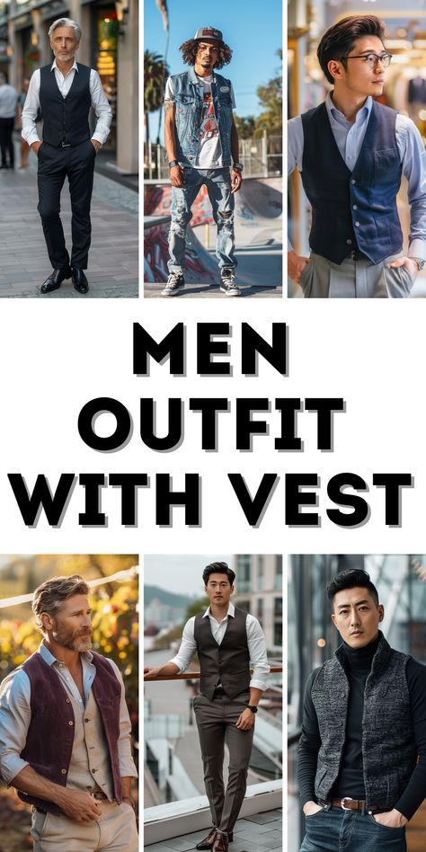 26 Inspiring men outfit with vest ideas for casual elegant and smart casual styles in mens fashion Semi Formal Men Outfit, Semi Formal Men, Outfits With Vest, Outfit With Vest, Men Vest Outfits, Vest And Jeans, Vest Ideas, Mens Work Outfits, Mens Vest Fashion