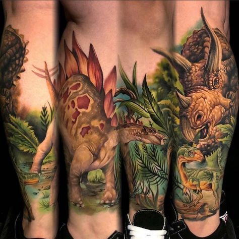 Jurassic Tattoo, Sprites Tattoo, Dinosaur Tattoo Ideas, Triceratops Tattoo, Baby Tattoo Ideas, Jurassic Park Tattoo, Dino Tattoo, Dinosaur Tattoo, Scene Tattoo