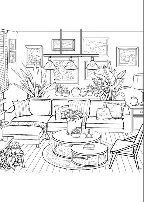 Home Interior Coloring Pages, Interior Design Coloring Pages, Interior Coloring Pages, Home Coloring Pages, Mom Coloring Pages, Adult Coloring Books Printables, Coloring Pages Inspirational, Interior Design Sketch, Hello Kitty Coloring