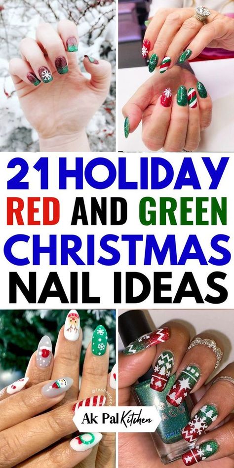 Steal the show with gorgeous Christmas nail ideas! Dive into the latest Christmas nails 2024 styles, featuring stunning Christmas nail art, and cutest Christmas nail designs. Perfect whether you need short Christmas nails or long nails ideas for Christmas. Explore all festive Christmas nails on the blog! Red And Green Matte Nails, Red Green Nail Designs, Christmas Nails Different Colors, Christmas Striped Nails, Christmas Gel Nails Red And Green, Christmas Elf Nail Art, Dipped Nails Ideas Christmas, Red Green Ombre Nails, Red And Green Candy Cane Nails