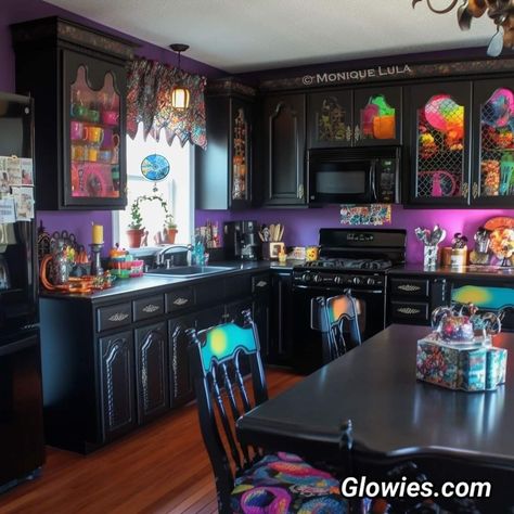 Retro Maximalism, Yellow Kitchen Cabinets, Maximalist Kitchen, Goth Kitchen, Gothic Kitchen, Purple Kitchen, Dark Home Decor, Dream Apartment Decor, Goth Home