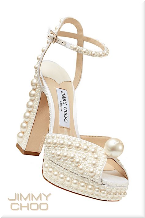 ♦Jimmy Choo Sacaria white platform sandals with all-over pearl embellishment 2021 #jimmychoo #shoes #brilliantluxury Chimmy Choo, Pearl Jimmy Choo Heels, Luxury White Heels With Pearl Embellishments, Luxury Pearl Embellished Heels For Women, Jimmy Choo Wedding Shoes Pearl, Pearl-embellished High Heel Wedding Shoes For Spring, Classic Blue Wedding, White Platform Sandals, Spring Bridesmaid Dresses