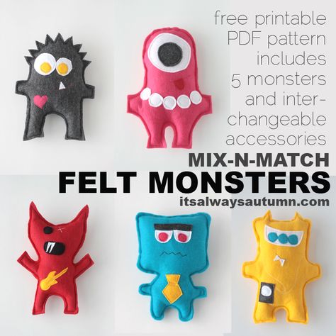 Cute felt monsters! Easy sewing project for kids. Easy Sewing Patterns Free, Felt Monster, Monster Dolls, Beginner Sewing Projects Easy, Sewing Projects For Kids, Leftover Fabric, Sewing Projects For Beginners, Love Sewing, Sewing For Beginners