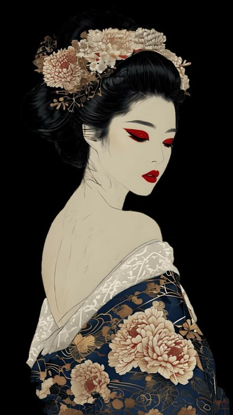 Geisha Wallpaper Iphone, Orientalism Art Tattoo, Fallen Angel Aesthetic, Japanese Tattoo Ideas, Art Geisha, Madama Butterfly, Illustrative Art, Animation Inspiration, Japanese Tattoo Designs