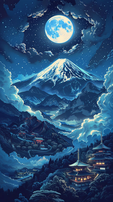 Step into a serene world where a starry sky illuminates snow-capped mountains and an ancient Japanese village nestled in the distance. This stunning artwork, rendered in a paper-cut art style, captures the peaceful beauty of pagodas and temples under the soft glow of a full moon. #JapaneseArt #MoonlitNight #PaperCutStyle #AncientVillage #TranquilBeauty #SnowCappedMountains #FineArt #HyperDetailed #SereneLandscape #HighDynamicRange #NighttimePeace #ArtisticJourney Japanese Moon Art, Japanese Temple Art, Moon Japanese, Japanese Village, Asian Landscape, Ancient Village, Japanese Temple, Temple Art, Paper Cut Art