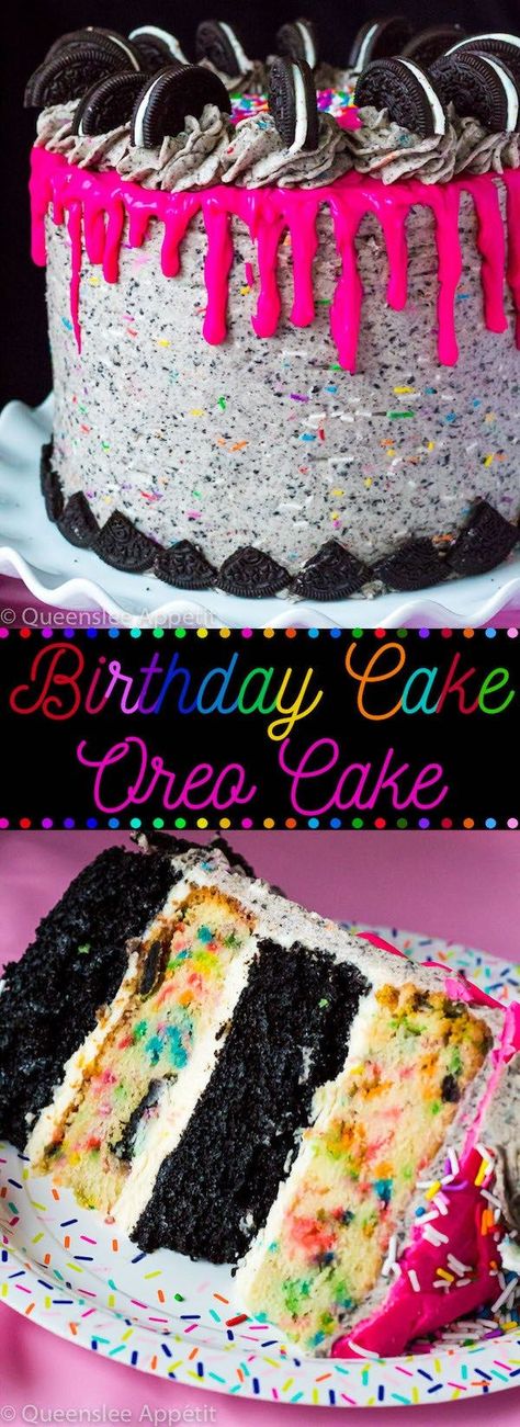 This Birthday Cake Oreo Cake just screams PARTY! Layers of dark chocolate and Funfetti Birthday Oreo cake, filled and frosted with birthday cake Oreo frosting and drizzled with hot pink ganache. This is the ultimate celebration cake! Birthday Oreo Cake, Pink Ganache, Funfetti Oreo, Birthday Cake Oreo, Oreo Torte, Funfetti Birthday, Oreo Frosting, Cake Oreo, Oreo Desserts