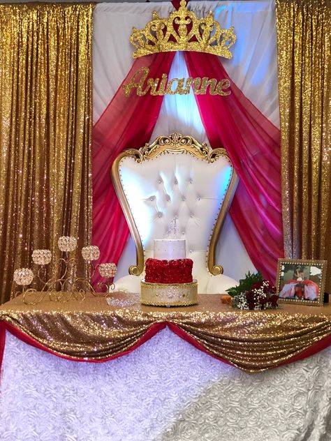 Gold Red Centerpiece, Sweet 15 Red Theme, Red Royalty Quinceanera Theme, 15 Red Decorations, Red And Gold Venue Quince, Beauty And The Beast Quinceanera Backdrop, Sweet 16 Decorations Red And Gold, Red And Gold Quince Backdrop, Quinceanera Decorations Red And Gold