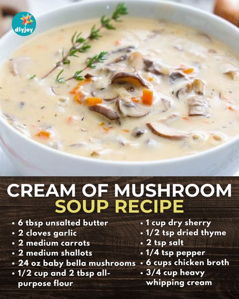 This homemade cream of mushroom soup is so creamy, smooth, and delicious. It has mushrooms, carrots, shallots, garlic, and dry sherry. Homemade Cream Of Mushroom Soup Recipes, Campbells Cream Of Mushroom Soup Recipes, Cream Of Mushroom Soup Recipes Casserole, Best Cream Of Mushroom Soup, Cream Of Mushroom Soup Recipes, Campbell Recipes, Homemade Cream Of Mushroom Soup, Homemade Cream Of Mushroom, Fried Mushroom Recipes