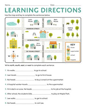 Giving Directions Map, Directions Worksheet, Compass Directions, Hospital Workers, Map Worksheets, Worksheets For Grade 3, Map Reading, Give Directions, Plural Nouns