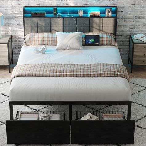 this bed frame is so cute and it comes with storage !!! Light Bed Frame, Led Light Bed, Platform Bed Frame With Storage, Basic Bed Frame, Light Bed, Clean Bed, Bed Frame With Drawers, Bed With Led Lights, Twin Size Bed Frame