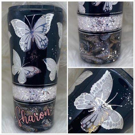 Purple Glitter Tumbler, Split Tumbler, Cricut Cups, Tumbler Inspiration, Tumbler Cups Personalized, Butterfly Tumbler, Tumbler Coffee Cups, Butterfly Purple, Yeti Cups