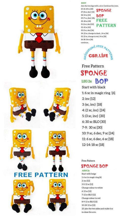 Sponge Bop Amigurumi Free Pattern – Csr.life Spongebob Crochet Pattern Free, Spongebob Crochet, Disney Crochet Patterns, Free Amigurumi Crochet Patterns, Crochet Disney, Crochet Keychain Pattern, Pola Amigurumi, Amigurumi Animals, Crochet Animals Free Patterns