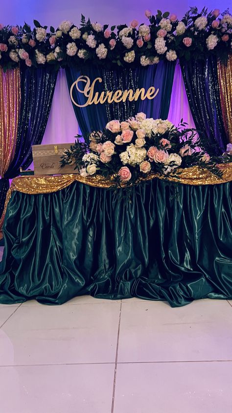 Emerald Green Quinceanera Theme Backdrop, Emerald Green Quinceanera Backdrop, Quinceanera Main Table Ideas Emerald Green, Emerald Green Quince Backdrop, Quince Table Setup Emerald Green, Quince Backdrop Ideas Emerald Green, Emerald Quince, Emerald Green Quinceanera Theme, Quinceñera Ideas