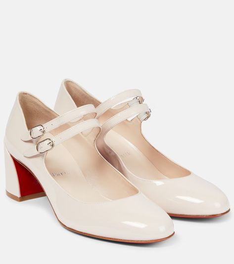 Miss Jane patent leather pumps in white - Christian Louboutin | Mytheresa Christian Louboutin Miss Jane, Christian Louboutin Shoes Pumps, Everyday Heels, Louboutin Online, Mid Heels Pumps, White Pumps, Leather Block Heels, Leather Wedge Sandals, Patent Leather Pumps