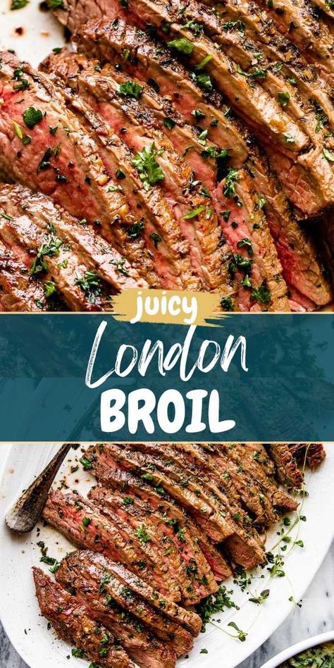 This Marinated London Broil Steak is unbelievably tender and juicy. A mix of herbs, spices, Worcestershire sauce, soy sauce, and apple cider vinegar comes together to create the tastiest London Broil recipe you'll ever have. London Broil Recipes Marinade, London Broil With Garlic Herb Butter, Marinated London Broil Recipes, London Broil Salad, Bbq London Broil Recipes, London Broil Marinade Grill, London Broil Marinade Easy, Baked London Broil Recipes, Teriyaki London Broil