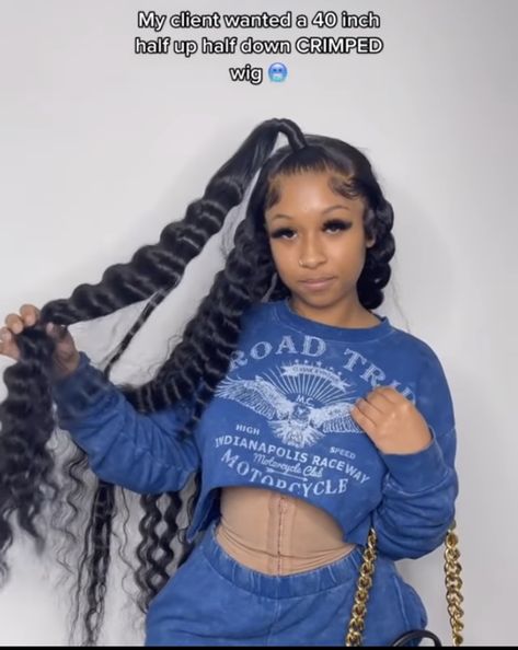 Up And Down Frontal Hairstyles, Frontal Hairstyles With Crimps, Half Up Half Down Hair Black Women Frontal, Crimped Half Up Half Down Weave, Body Wave Frontal Wig Hairstyles Half Up Half Down, Wig Hairstyles Ideas Black Women Ponytail, Crimped High Ponytail, Baddie Frontal Hairstyles, Half Up Half Down Crimped Wig