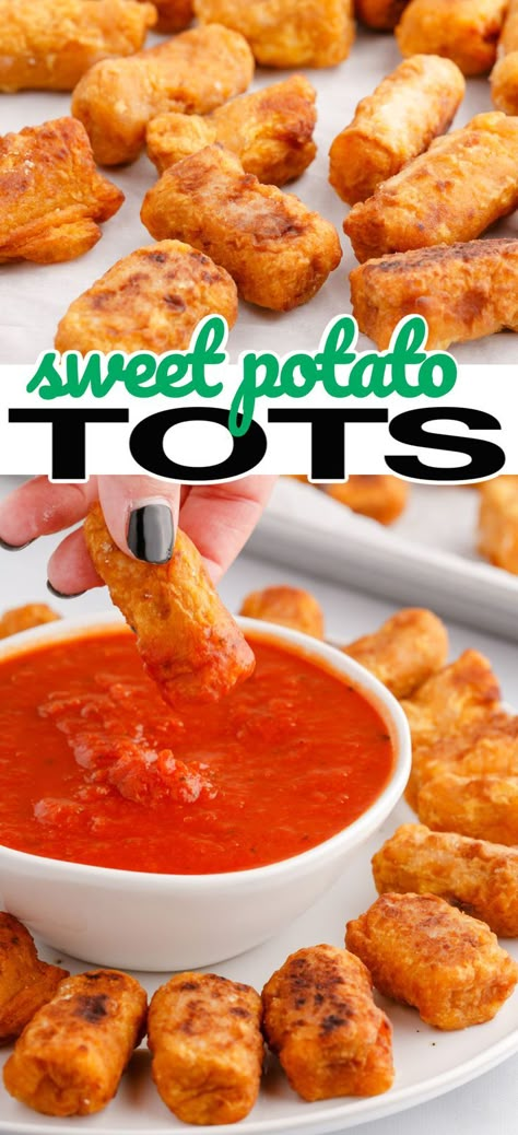 When the family is craving sweet and savory potatoes, serve up these light and fluffy bites of Sweet Potato Tots! #RealHousemoms #sweetpotato #tatertots #sidedish #appetizer #vegetarian #comfortfood #backtoschool Sweet Potato Tater Tot Recipes, Sweet Potato Recipes For Kids, Baby Sweet Potato Recipe, Sweet Potato Kids Recipes, Sweet Potato Nuggets, Sweet Potato Puffs, Sweet Potato Tater Tots Air Fryer, Sweet Potato Croquettes, Toddler Sweet Potato Recipes