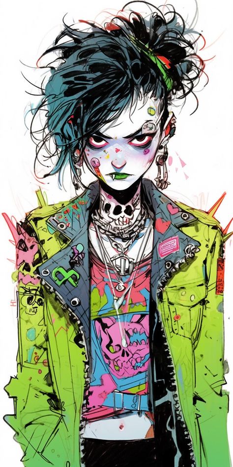 Punk lady Wrist Reference Drawing, Neon Punk Art, Pop Punk Character Design, Punk Neon Aesthetic, Neon Character Art, Neon Punk Outfits, Punk Hair Drawing, Cyberpunk Rockerboy Character Art, Punk Rock Character Design